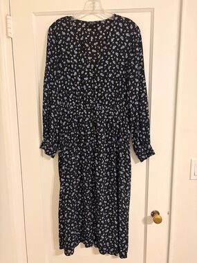 Madewell Long Sleeve V-Neck Floral Midi Dress - Black with Light Blue Print
